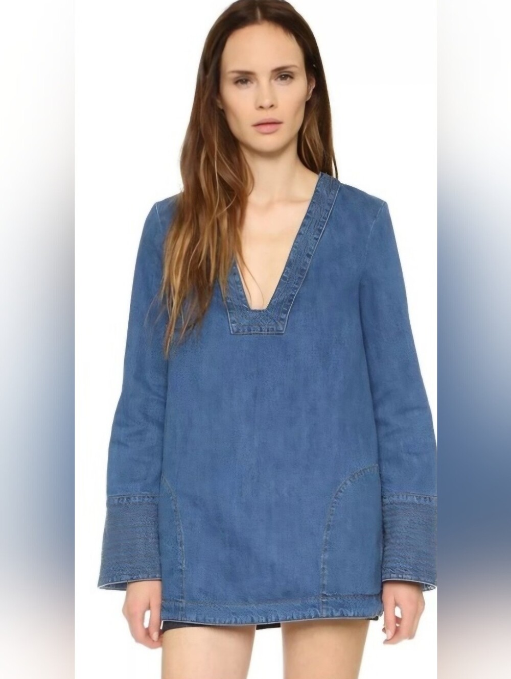 Free People Vintage Inspired Boho Blue Denim Oversized Tunic Mini Dress, Size M